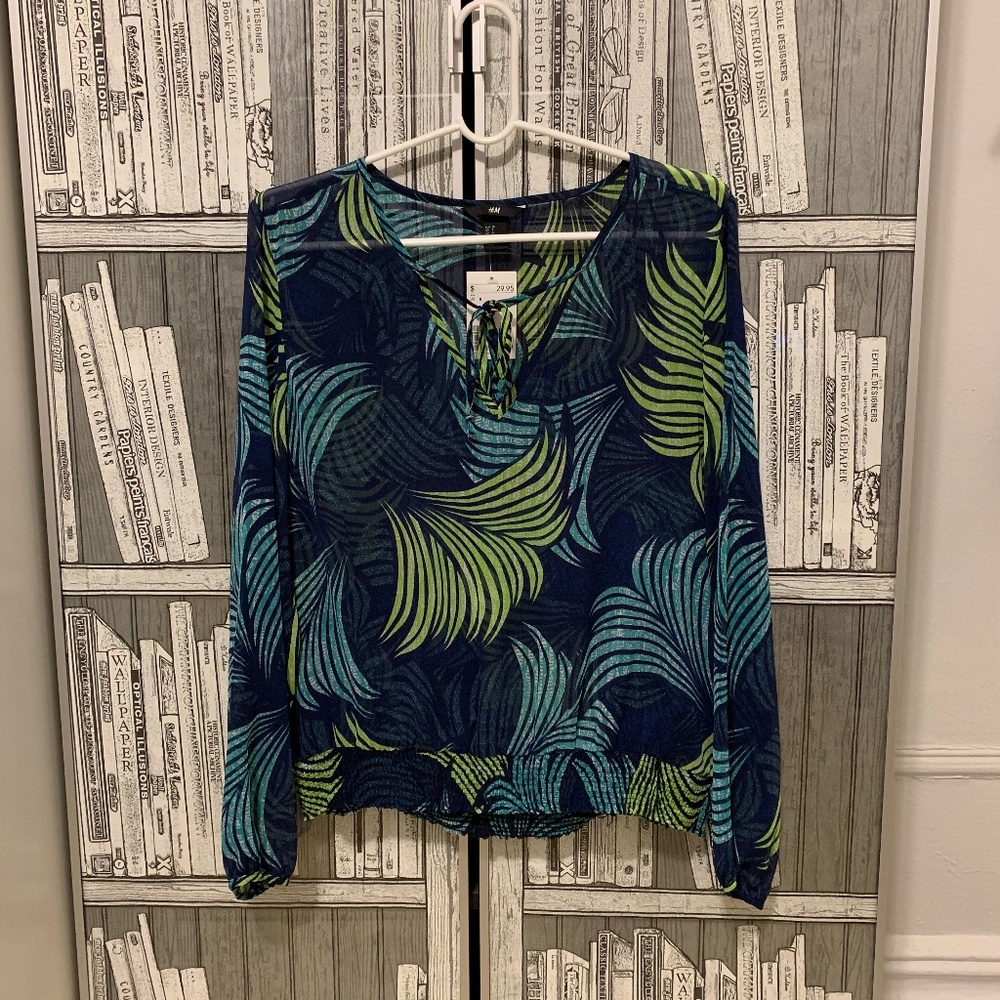 hm Chiffon Peasant Blouse Top Ruched Palm Print